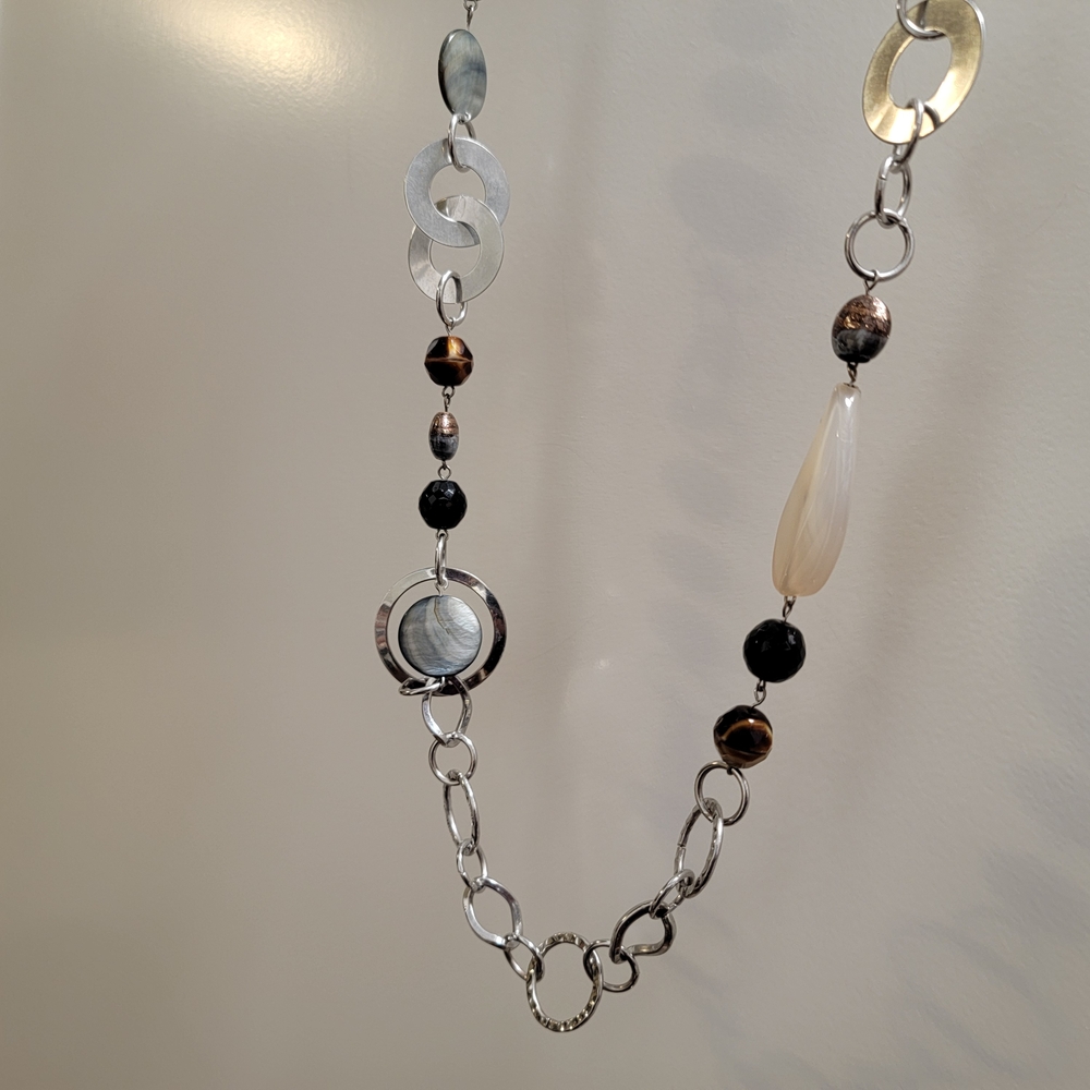 Vintage Silver Necklace Boho Silver Bronze Blue Cream Shimmer 34-inches